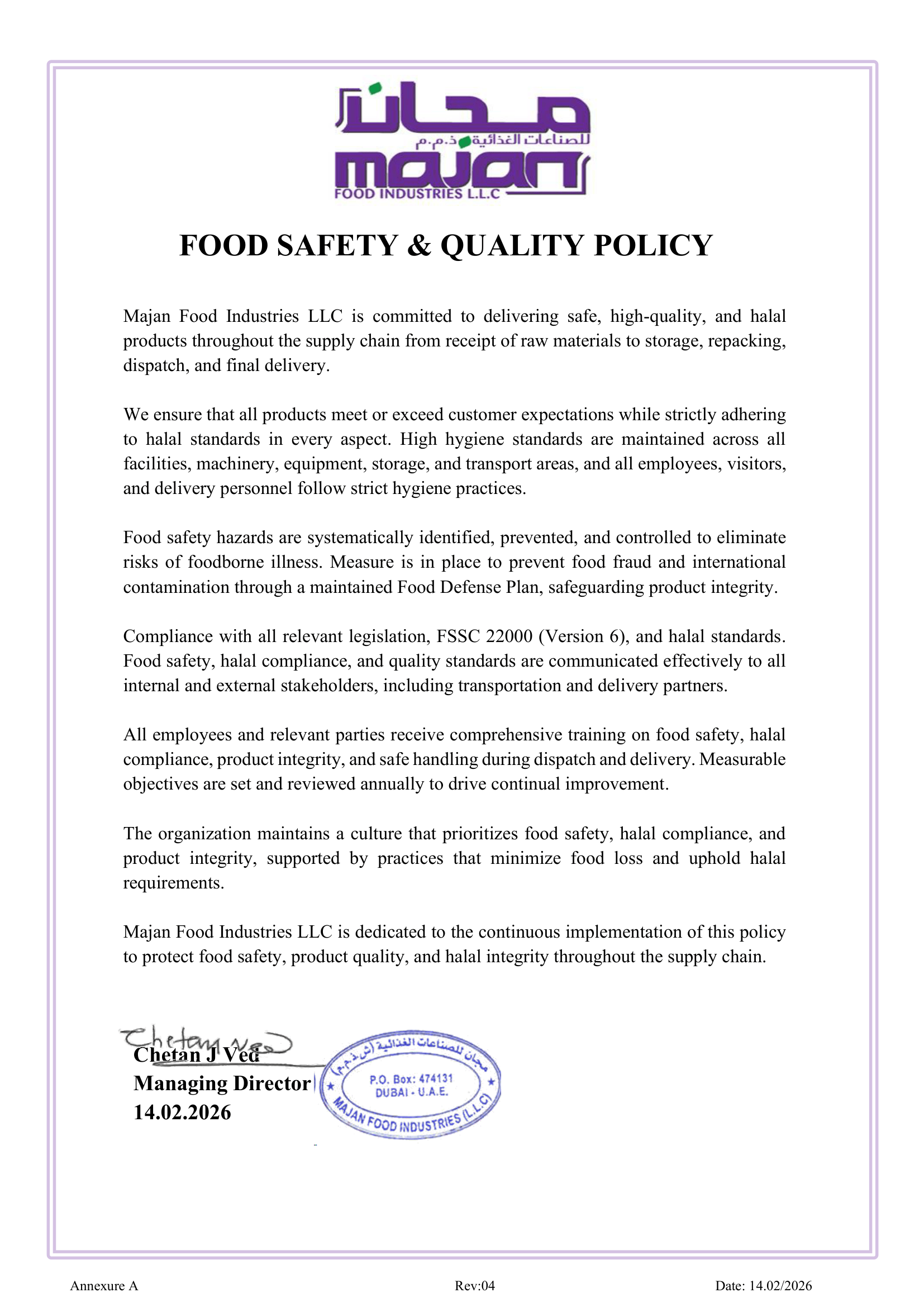 Food Safety & Quality Policy